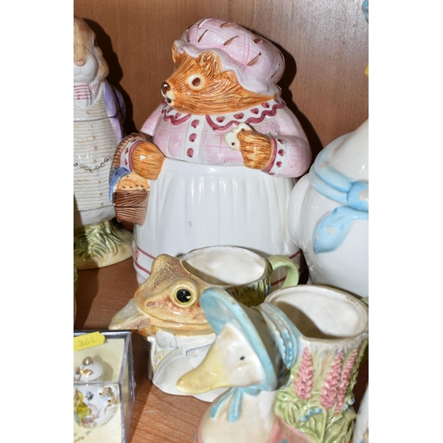 364 - A GROUP OF BEATRIX POTTER CHARACTER COOKIE JARS AND CERAMICS, comprising four cookie jars a 'Sigma' ... 