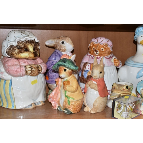 364 - A GROUP OF BEATRIX POTTER CHARACTER COOKIE JARS AND CERAMICS, comprising four cookie jars a 'Sigma' ... 