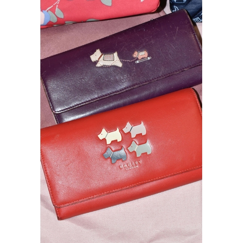 366 - ONE BOX OF RADLEY OF LONDON HANDBAGS AND PURSES, to include a red leather handbag with powder pink d... 