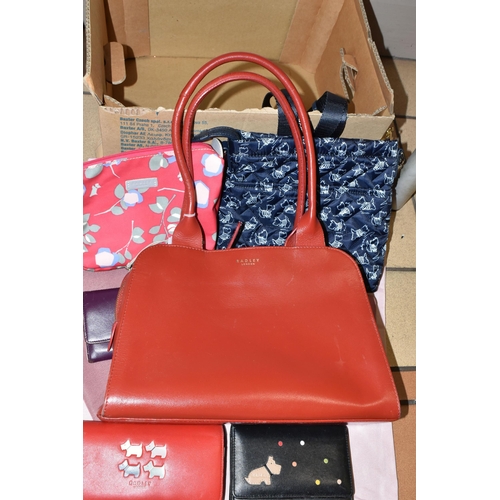 366 - ONE BOX OF RADLEY OF LONDON HANDBAGS AND PURSES, to include a red leather handbag with powder pink d... 