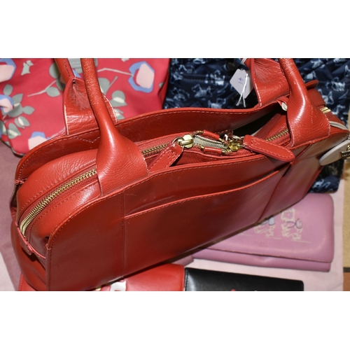 366 - ONE BOX OF RADLEY OF LONDON HANDBAGS AND PURSES, to include a red leather handbag with powder pink d... 