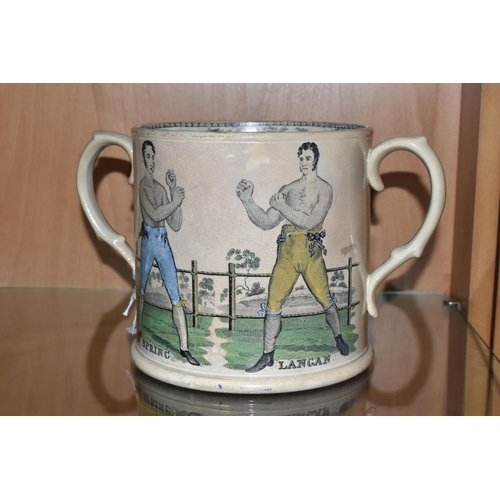 367 - PUGILIST INTEREST: AN EARLY 19TH CENTURY POTTERY LOVING CUP COMMEMORATING THE BOXERS SPRING AND LANG... 