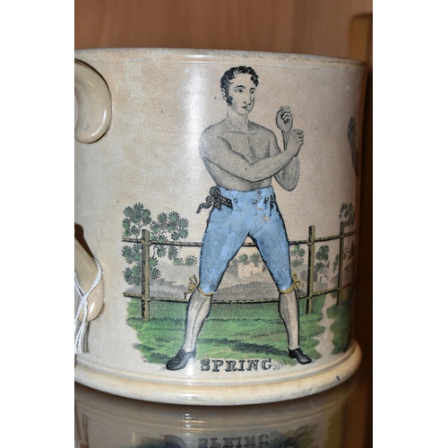 367 - PUGILIST INTEREST: AN EARLY 19TH CENTURY POTTERY LOVING CUP COMMEMORATING THE BOXERS SPRING AND LANG... 