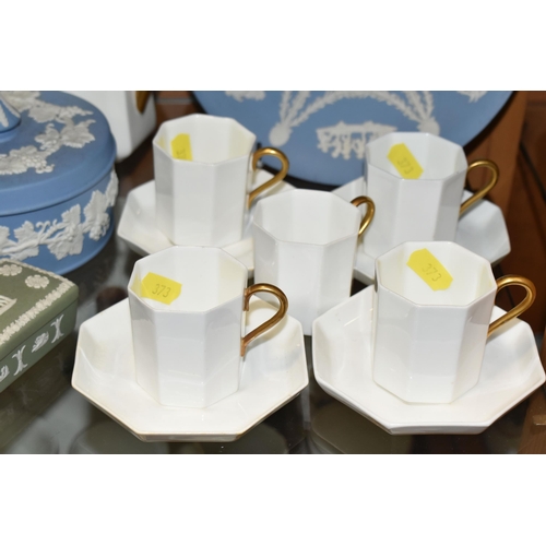 373 - A GROUP OF WEDGWOOD JASPERWARE AND A WEDGWOOD OCTAGONAL GOLD GILT COFFEE SET, comprising a coffee po... 