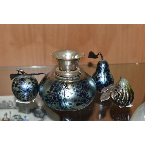 374 - A GROUP OF IRIDESCENT GLASS PAPERWEIGHTS AND A SQUAT BUD VASE, (possibly John Ditchfield) the vase h... 