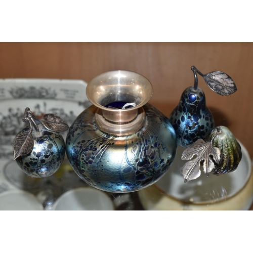 374 - A GROUP OF IRIDESCENT GLASS PAPERWEIGHTS AND A SQUAT BUD VASE, (possibly John Ditchfield) the vase h... 