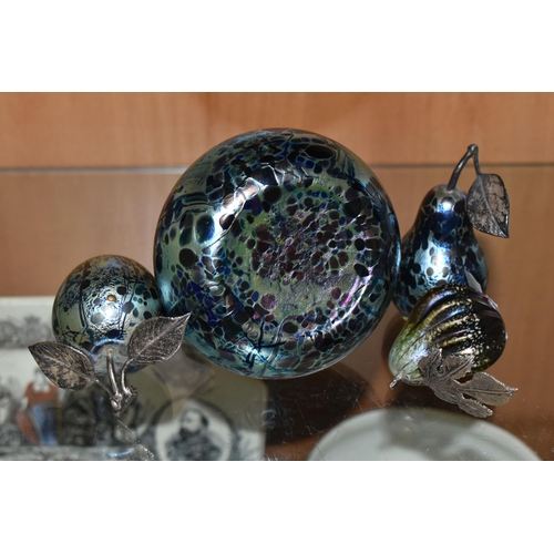 374 - A GROUP OF IRIDESCENT GLASS PAPERWEIGHTS AND A SQUAT BUD VASE, (possibly John Ditchfield) the vase h... 