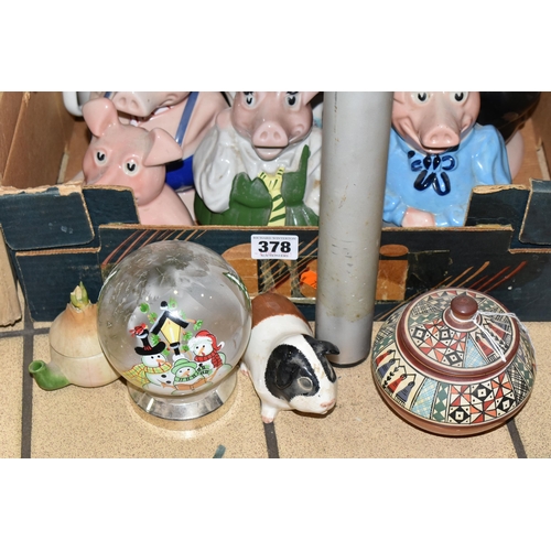 378 - TWO BOXES OF CERAMICS, to include a set of five Wade NatWest Piggies, all have original stoppers, a ... 