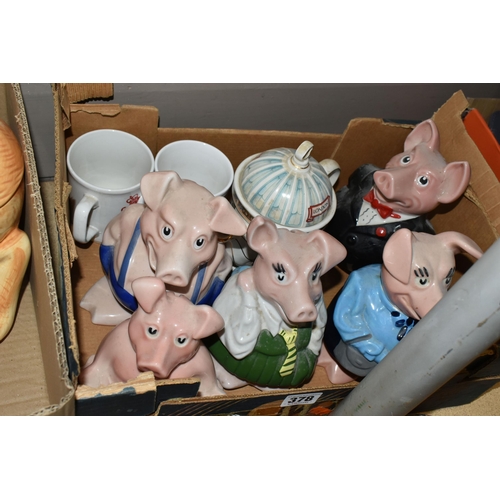 378 - TWO BOXES OF CERAMICS, to include a set of five Wade NatWest Piggies, all have original stoppers, a ... 