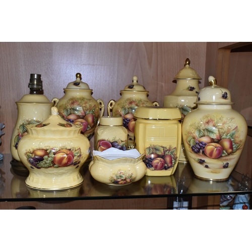 379 - A GROUP OF AYNSLEY 'ORCHARD GOLD' DESIGN VASES AND EWERS, comprising a table lamp base, height 22cm ... 