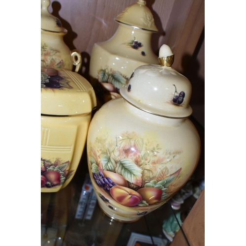 379 - A GROUP OF AYNSLEY 'ORCHARD GOLD' DESIGN VASES AND EWERS, comprising a table lamp base, height 22cm ... 