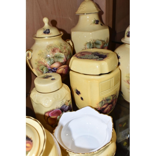 379 - A GROUP OF AYNSLEY 'ORCHARD GOLD' DESIGN VASES AND EWERS, comprising a table lamp base, height 22cm ... 