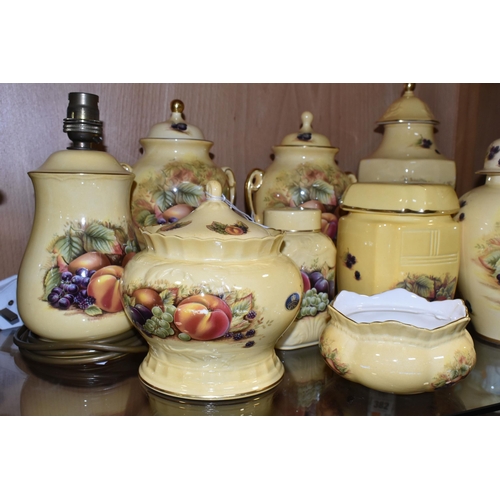 379 - A GROUP OF AYNSLEY 'ORCHARD GOLD' DESIGN VASES AND EWERS, comprising a table lamp base, height 22cm ... 