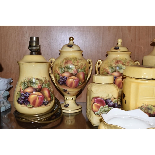 379 - A GROUP OF AYNSLEY 'ORCHARD GOLD' DESIGN VASES AND EWERS, comprising a table lamp base, height 22cm ... 