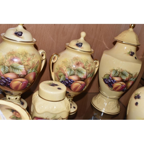 379 - A GROUP OF AYNSLEY 'ORCHARD GOLD' DESIGN VASES AND EWERS, comprising a table lamp base, height 22cm ... 