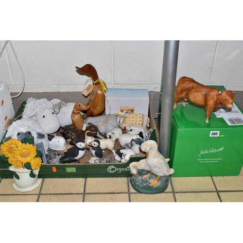 385 - ONE BOX OF ANIMAL AND BIRD ORNAMENTS, to include a modern boxed John Beswick Highland Cow (broken ho... 