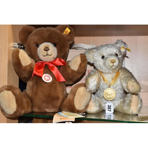 387 - TWO STEIFF COLECTORS TEDDY BEARS, comprising a Millenium bear with gold coloured medallion and box, ... 