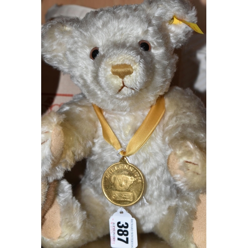 387 - TWO STEIFF COLECTORS TEDDY BEARS, comprising a Millenium bear with gold coloured medallion and box, ... 