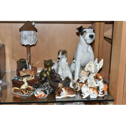 388 - A COLLECTION OF ANIMAL ORNAMENTS ETC, to include a restored Nymphenburg Borzoi dog, three Royal Doul... 