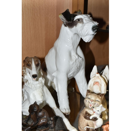 388 - A COLLECTION OF ANIMAL ORNAMENTS ETC, to include a restored Nymphenburg Borzoi dog, three Royal Doul... 