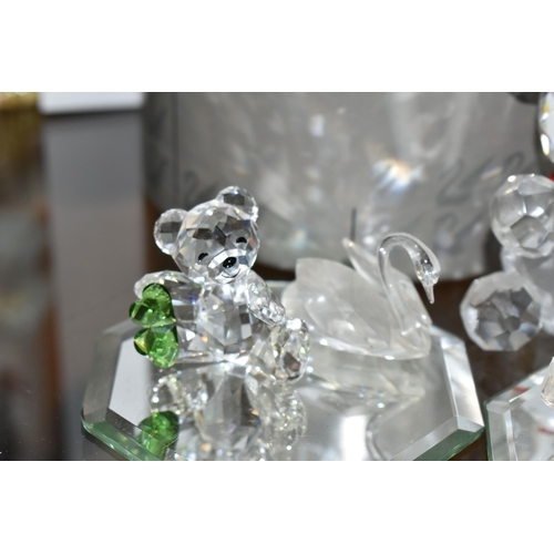 390 - SWAROVSKI CRYSTAL ANIMALS ETC, comprising three teddy bears, a dog with spirit barrel and a swan, to... 