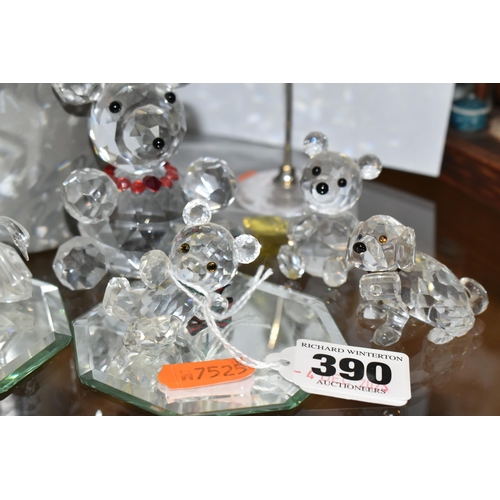 390 - SWAROVSKI CRYSTAL ANIMALS ETC, comprising three teddy bears, a dog with spirit barrel and a swan, to... 