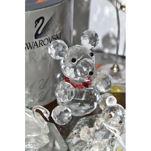 390 - SWAROVSKI CRYSTAL ANIMALS ETC, comprising three teddy bears, a dog with spirit barrel and a swan, to... 