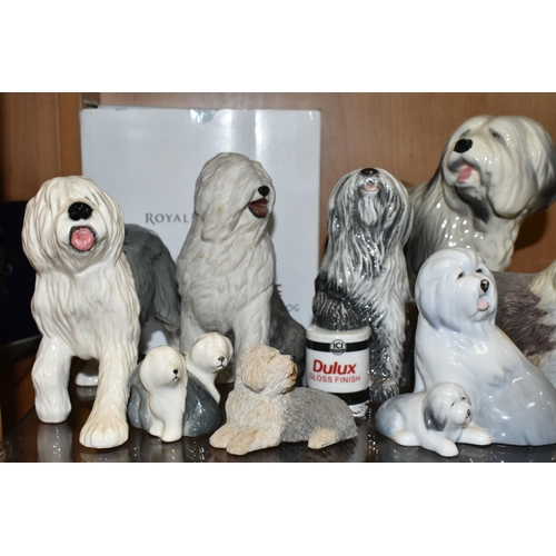 393 - EIGHT OLD ENGLISH SHEEP DOG SCULPTURES, comprising Royal Doulton Dulux dog with box, approximate hei... 