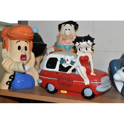 396 - FIVE CARTOON THEMED COOKIE JARS, comprising Fred Flintstone, Betty and Wilma, Tom & Jerry, Scooby Do... 