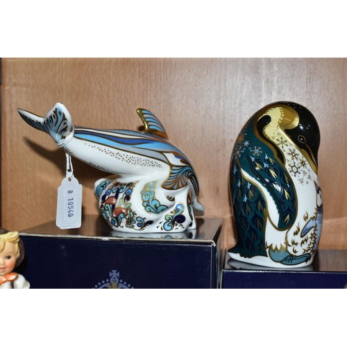 401 - TWO BOXED ROYAL CROWN DERBY 21st ANNIVERSARY PAPERWEIGHTS, comprising a striped Dolphin with gold an... 