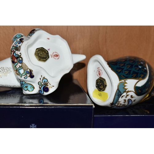 401 - TWO BOXED ROYAL CROWN DERBY 21st ANNIVERSARY PAPERWEIGHTS, comprising a striped Dolphin with gold an... 