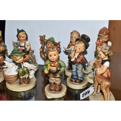 402 - NINE HUMMEL / GOEBEL CHILD FIGURES, comprising Goose girl, Play Mates, Trumpet Boy, Soloist, Apple T... 