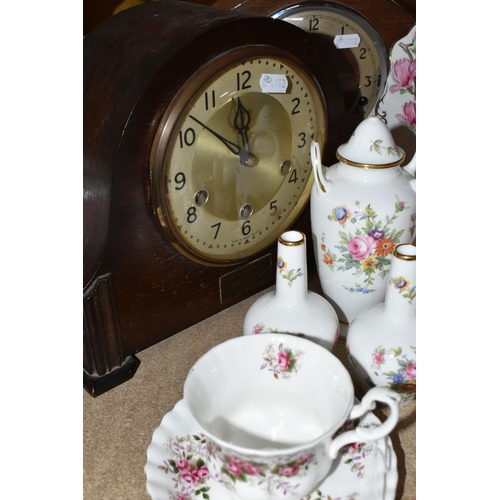 414 - A GROUP OF TEAWARE AND TWO MANTEL CLOCKS, to include a Royal Albert Lavender Rose teacup and saucer ... 