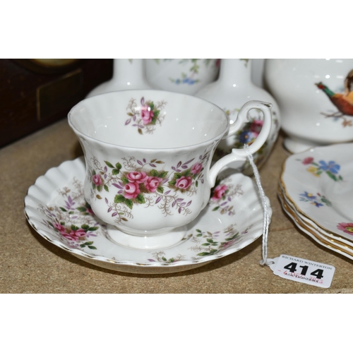 414 - A GROUP OF TEAWARE AND TWO MANTEL CLOCKS, to include a Royal Albert Lavender Rose teacup and saucer ... 