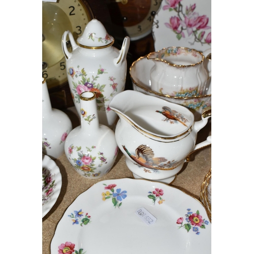 414 - A GROUP OF TEAWARE AND TWO MANTEL CLOCKS, to include a Royal Albert Lavender Rose teacup and saucer ... 