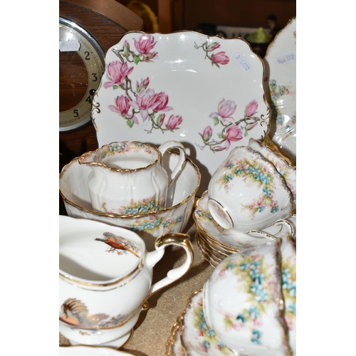 414 - A GROUP OF TEAWARE AND TWO MANTEL CLOCKS, to include a Royal Albert Lavender Rose teacup and saucer ... 