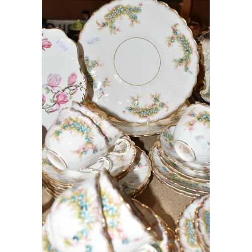 414 - A GROUP OF TEAWARE AND TWO MANTEL CLOCKS, to include a Royal Albert Lavender Rose teacup and saucer ... 