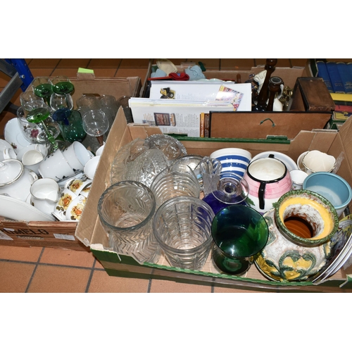 419 - THREE BOXES AND LOOSE CERAMICS, GLASS, METAL WARES, TREEN, TOYS AND SUNDRY ITEMS, to include six Wad... 