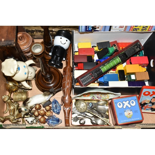 419 - THREE BOXES AND LOOSE CERAMICS, GLASS, METAL WARES, TREEN, TOYS AND SUNDRY ITEMS, to include six Wad... 