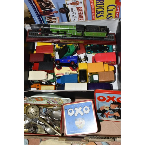 419 - THREE BOXES AND LOOSE CERAMICS, GLASS, METAL WARES, TREEN, TOYS AND SUNDRY ITEMS, to include six Wad... 