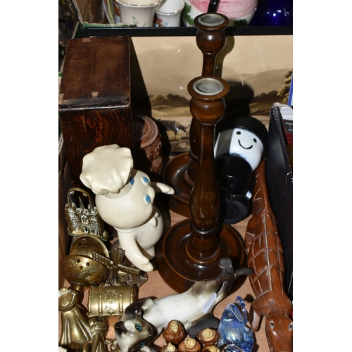 419 - THREE BOXES AND LOOSE CERAMICS, GLASS, METAL WARES, TREEN, TOYS AND SUNDRY ITEMS, to include six Wad... 