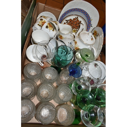 419 - THREE BOXES AND LOOSE CERAMICS, GLASS, METAL WARES, TREEN, TOYS AND SUNDRY ITEMS, to include six Wad... 