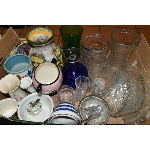 419 - THREE BOXES AND LOOSE CERAMICS, GLASS, METAL WARES, TREEN, TOYS AND SUNDRY ITEMS, to include six Wad... 