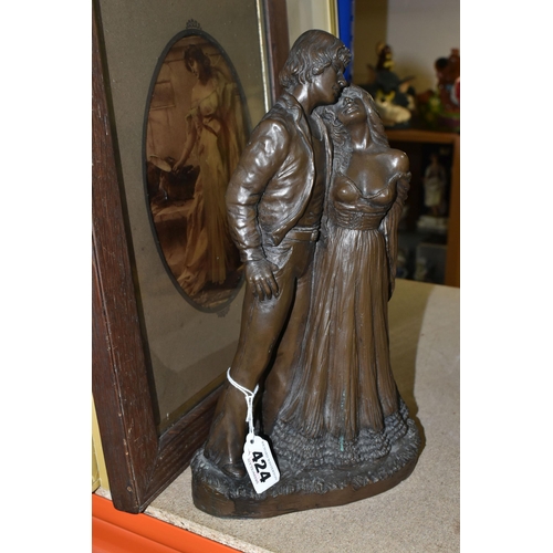 424 - A JOHN LETTS SCULPTURE, a bronzed resin group of a couple, height 30cm, together with  two framed pr... 