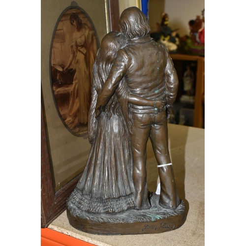 424 - A JOHN LETTS SCULPTURE, a bronzed resin group of a couple, height 30cm, together with  two framed pr... 