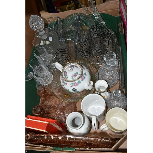 428 - THREE BOXES OF CERAMICS AND GLASSWARE, to include a Johnson Brothers 'Snowhite' pattern dinner set, ... 