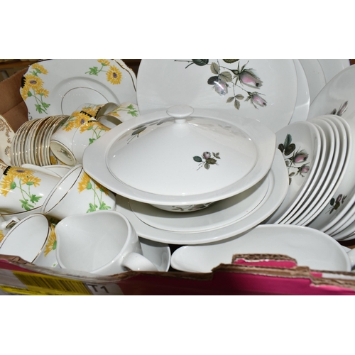 428 - THREE BOXES OF CERAMICS AND GLASSWARE, to include a Johnson Brothers 'Snowhite' pattern dinner set, ... 