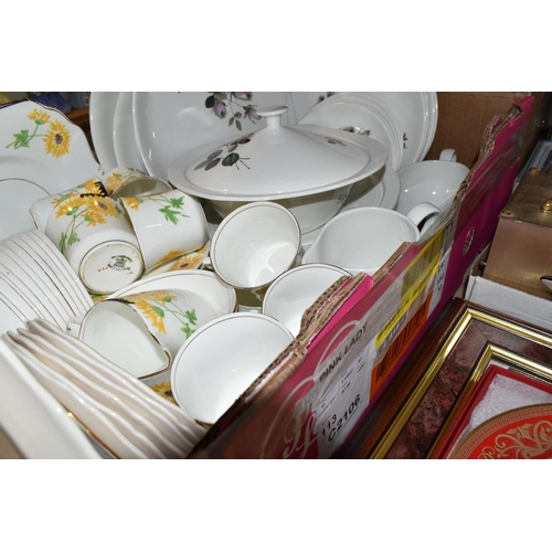 428 - THREE BOXES OF CERAMICS AND GLASSWARE, to include a Johnson Brothers 'Snowhite' pattern dinner set, ... 