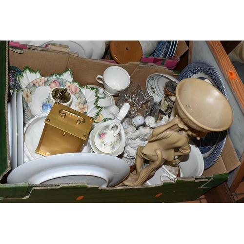 429 - THREE BOXES OF CERAMICS AND SUNDRIES, to include a pair of marble and gilt metal table lamps, height... 