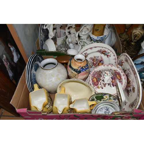 429 - THREE BOXES OF CERAMICS AND SUNDRIES, to include a pair of marble and gilt metal table lamps, height... 